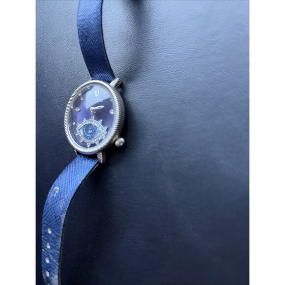 Rare Limited Judith Ripka Blue Watch Eye Diamonds Japan Movement Cow Hide